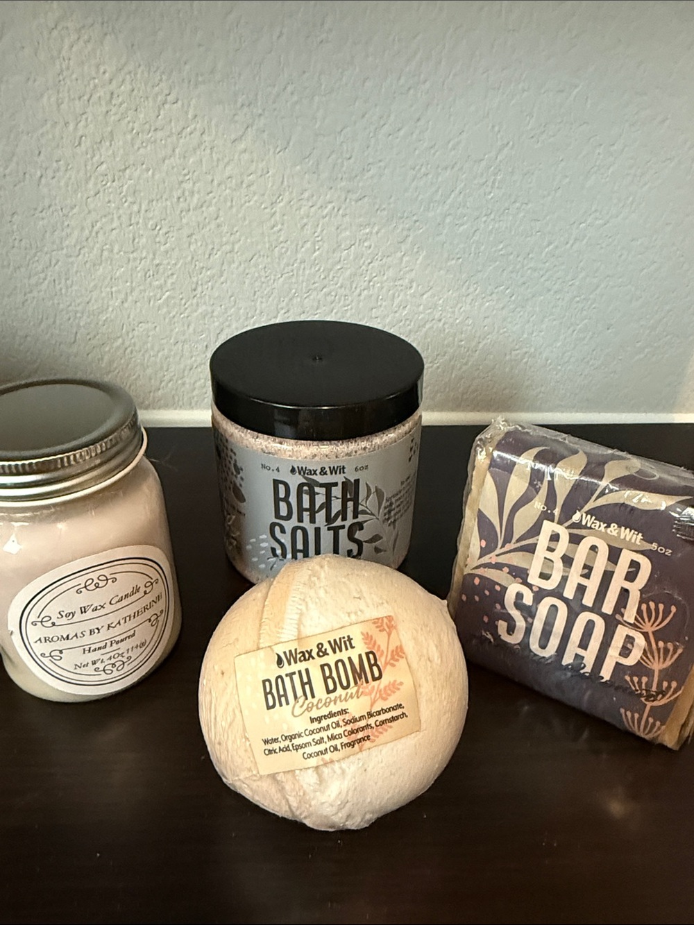 Wax & Wit Bath Salts, Coconut Bar Soap, Bath Bomb, Candle Gift Set